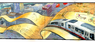 sketch of banner with transit vehicle outlines we never got a chance to paint on the final mural